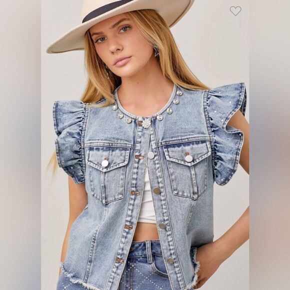 800. RHINESTONE DENIM VEST RUFFLE SLEEVE - Picture 1 of 10
